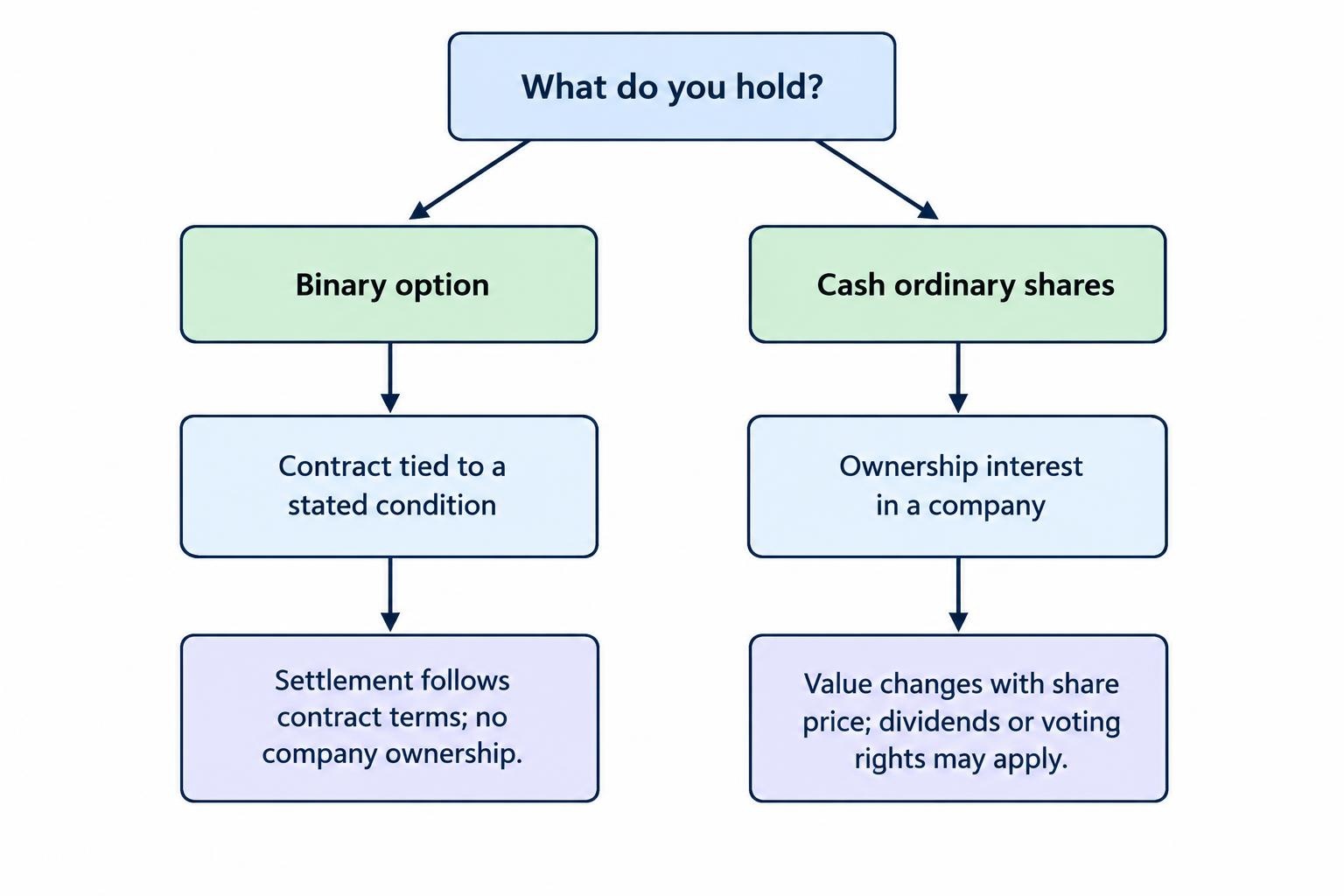 A split diagram contrasts a binary option, which is a contract settled by its stated condition, with cash shares, which represent company ownership and may provide dividends and voting rights.