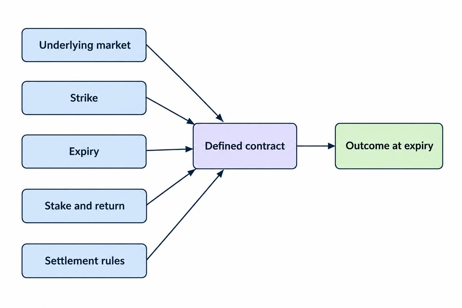 A relationship diagram shows the underlying market, strike, expiry, stake and return, and settlement rules as terms that together define the contract and its outcome.